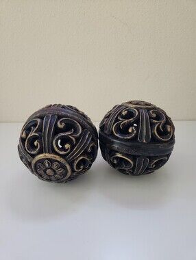 Decorative Scrollwork Orb Sphere Set of 2 Bronze Black Table Decor